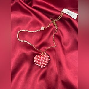 Betsey Johnson Red Heart Pearl and Rhinestone Necklace